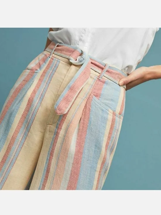 NWT Anthropologie Beachy Wide-Leg Pants w Belt Size 4 Yellow Blue Linen Pockets - Picture 3 of 16
